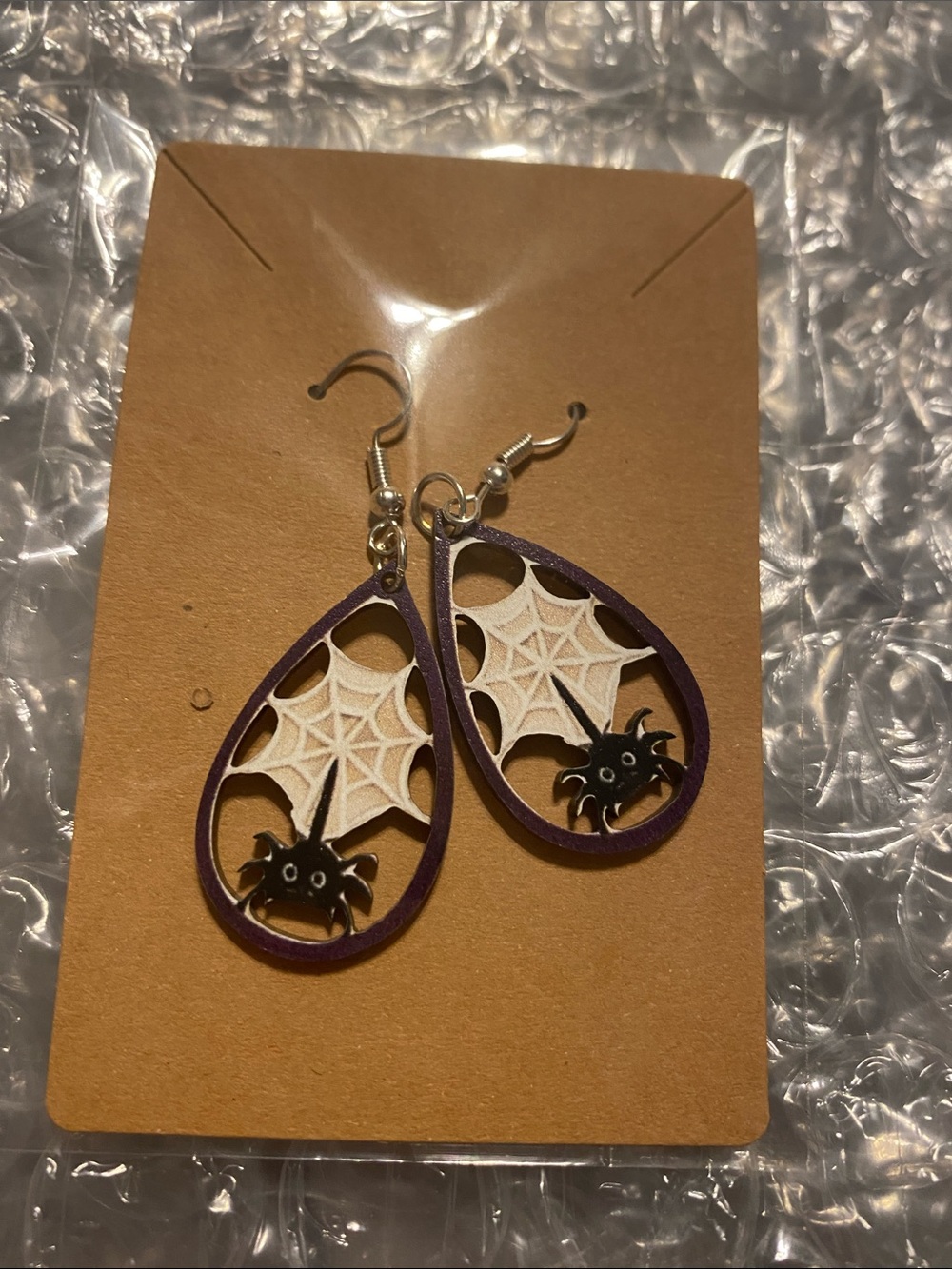 Purple Teardrop Spiderweb Earrings with Black Spider Accent
